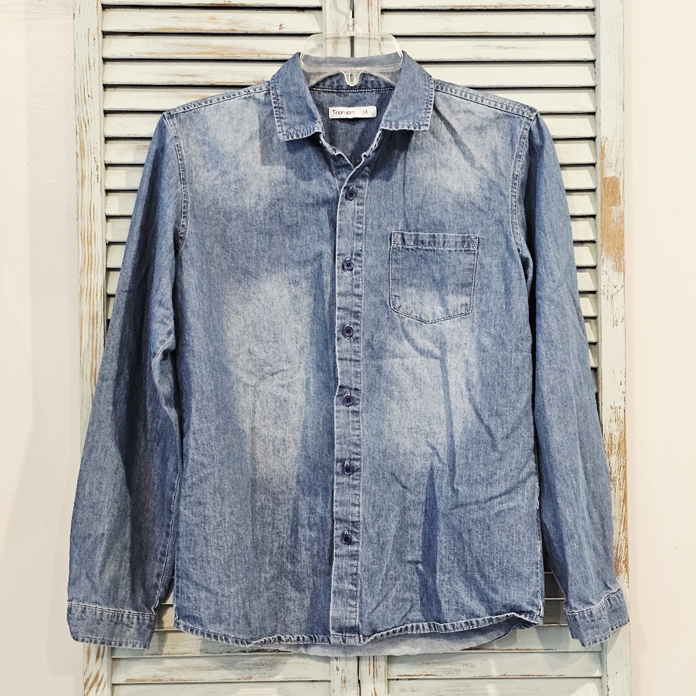 TRONJORI Kids14 Blue Denim Long Sleeve Casual Western Chambray Button Up Shirt